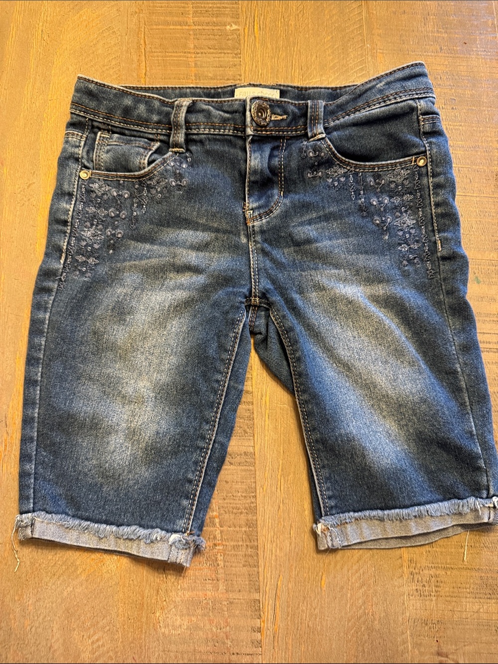 Falls Creek Girls Dark Blue Embroidered Cuffed Denim Shorts